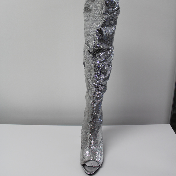 Womens Silver Sequins Over The Knee Slouchy Boots - Picture 3 of 8